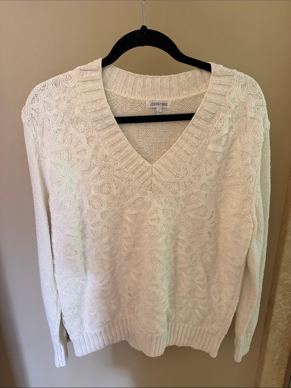 Johnny Was White Cable & Lace V-Neck 100% Cotton Sweater